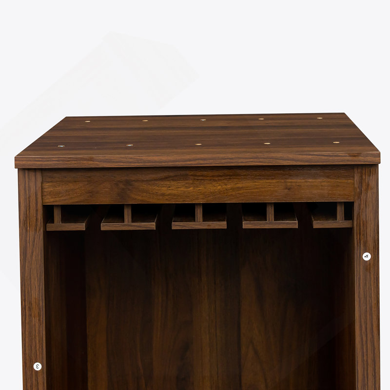 Armoire à vin modulaire de couleur brun noyer avec tablettes de rangement et huche pour salle à manger