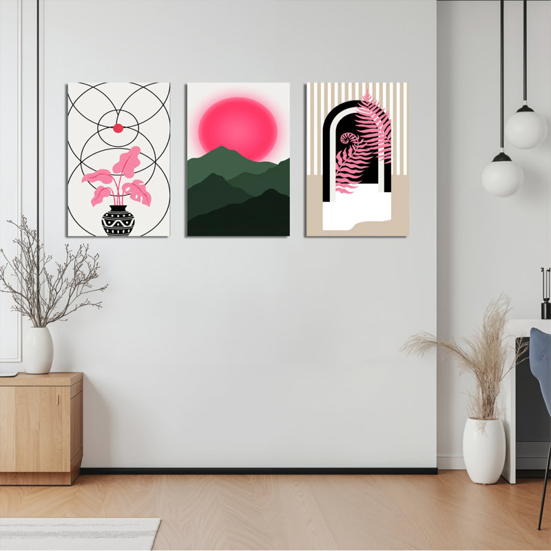 Ensemble de 3 toiles murales géométriques représentant des plantes et un coucher de soleil sur les montagnes, pour la décoration du salon et de la chambre.