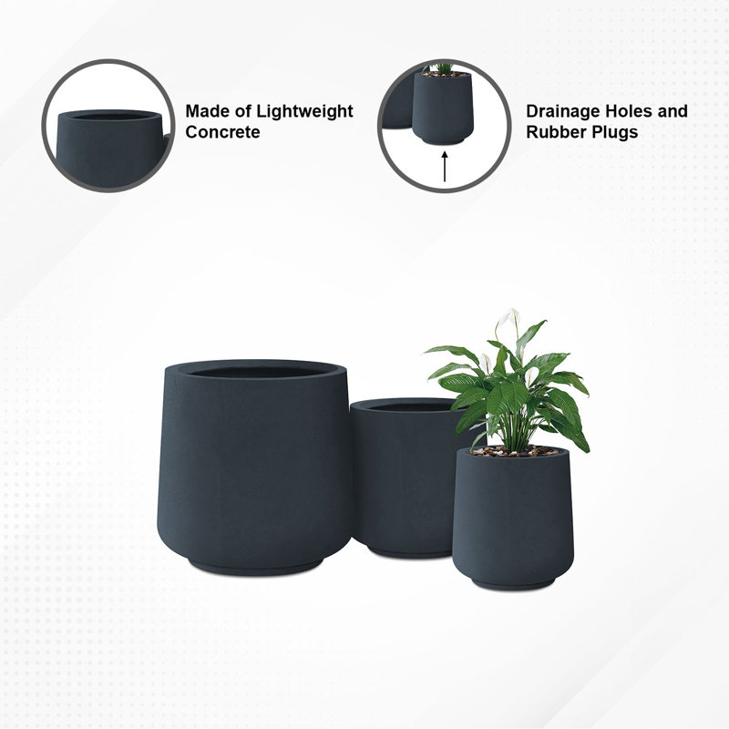 Kante Charcoal Concrete Round Planters with Drainage Holes Set