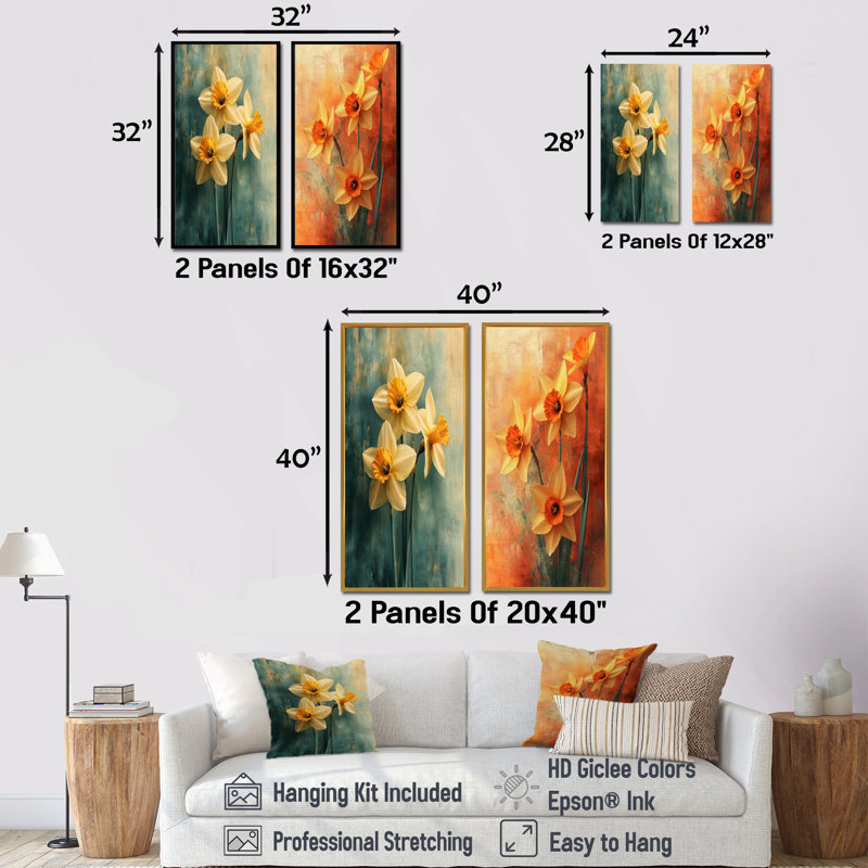 Jonquille «Radiance In Pastels Impressionist I», art mural floral, collection 2 panneaux, H 28 po x l 25 po, Toile tendue