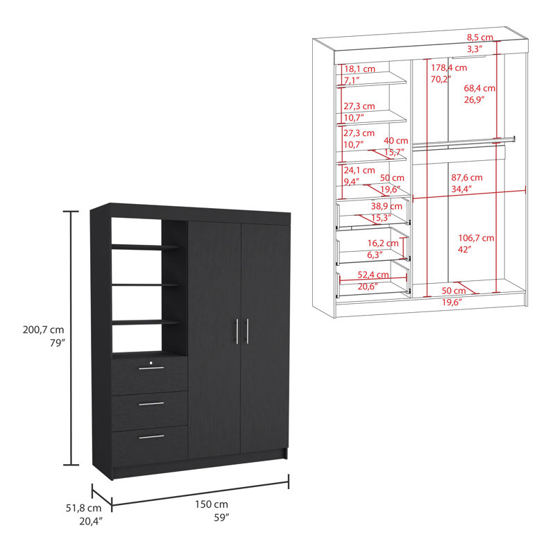 Ensemble de chambre à coucher, armoire et table de chevet 2 pièces Peyton, wengé noir