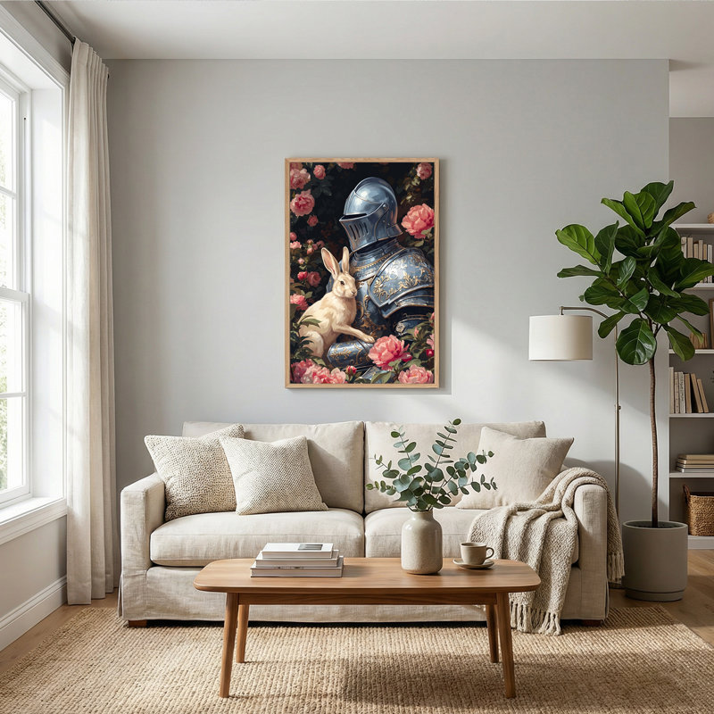 Art mural sur toile bleu avec chevalier bleu et lapin blanc, H 24 po x l 18 po