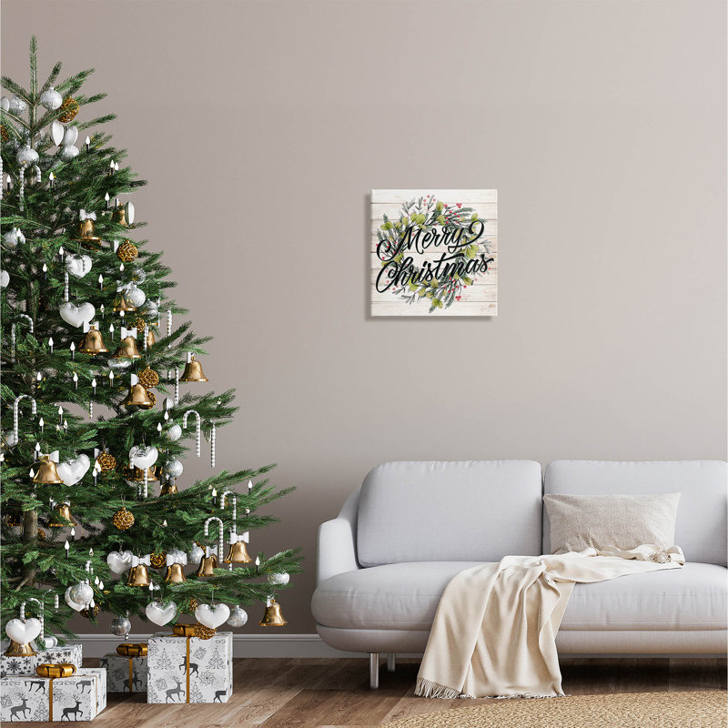 «Merry Christmas Botanical Wreath», art mural sur toile par Kim Allen, H 17 po x l 17 po x P 1,5 po