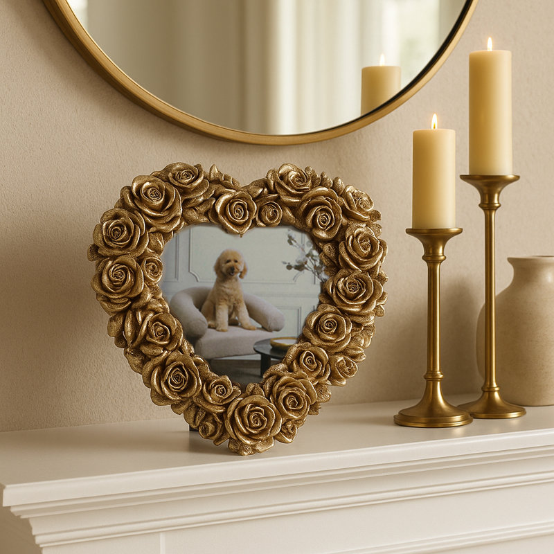 Cadre photo romantique romantique en forme de cœur - Décoration murale chic pour le vestibule - Cadre photo décoratif pour présentoir de salon - 6 po, doré
