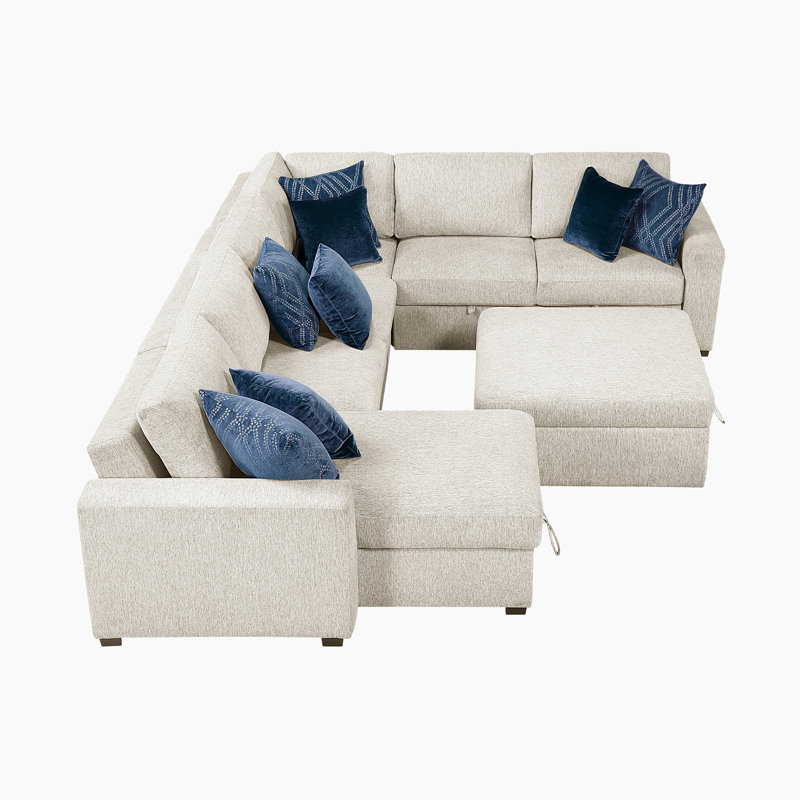 Canapé modulaire moderne et contemporain Orrin - Très grand canapé modulaire en microfibre 6 pièces avec lit escamotable, méridienne de rangement, repose-pieds roulant et 8 coussins.