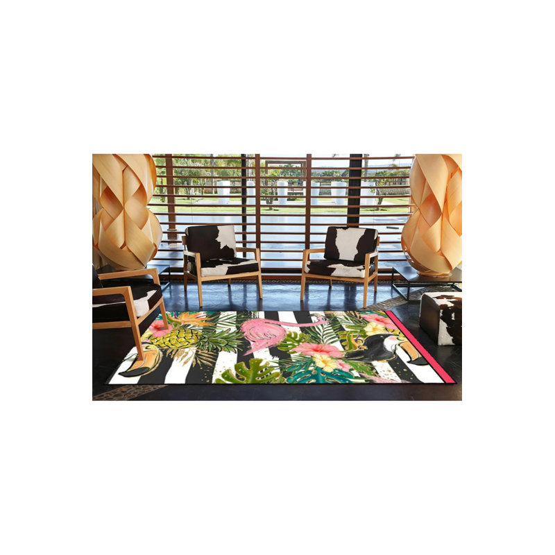 Tapis décoratif rayé à motif floral de cygne rose, Rectangle 5 pi 2 po x 7 pi 7 po