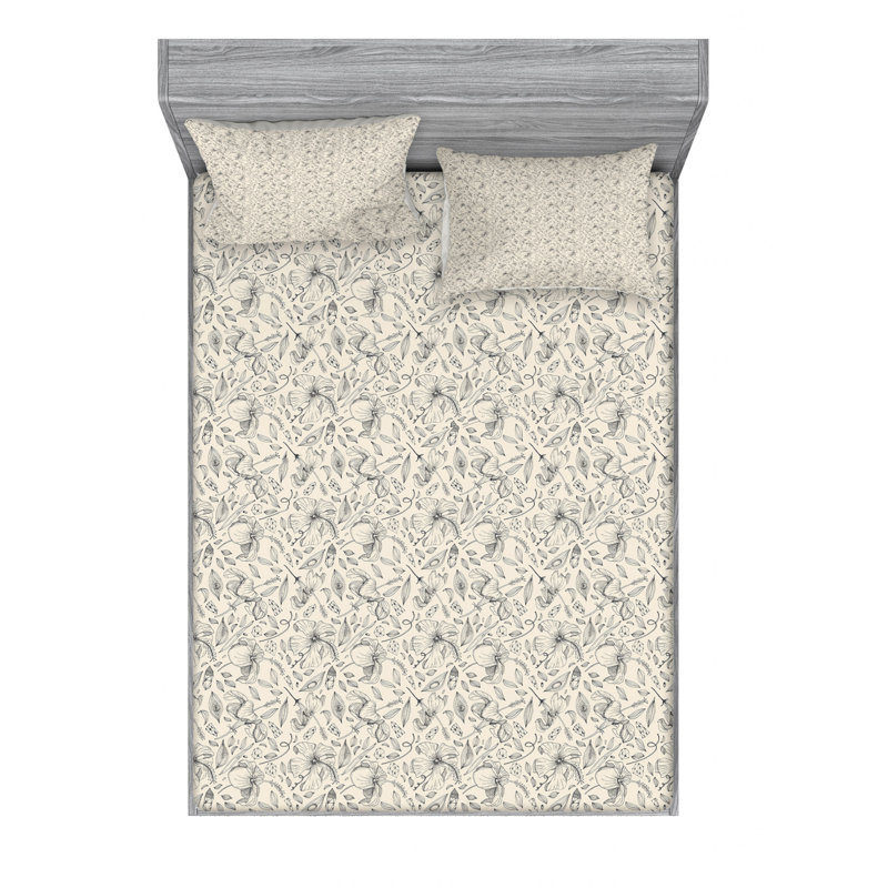 Microfiber Floral Sheet Set, Queen Sheet Set + Fitted Sheet + 2 Pillowcases, Gray/Yellow Floral
