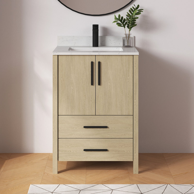 Ensemble de meuble-lavabo simple autoportant 24 po Aura avec plateau et dosseret en marbre d'ingénierie Aura, 24"