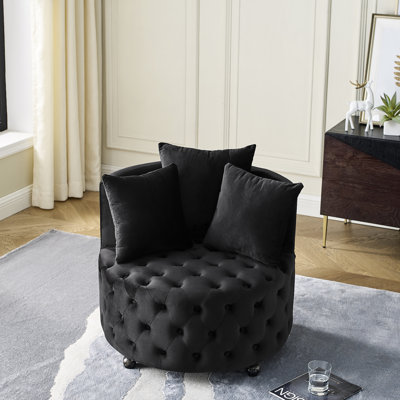 Fauteuil pivotant en velours moderne avec capitonnage à boutons et roues mobiles, noir