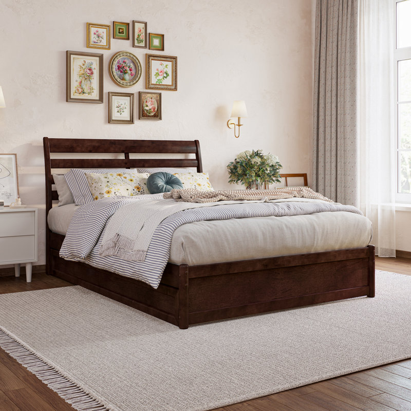 Lamareon Solid Wood Platform Bed with Footboard & Roll Out Trundle Bed, Full, Walnut