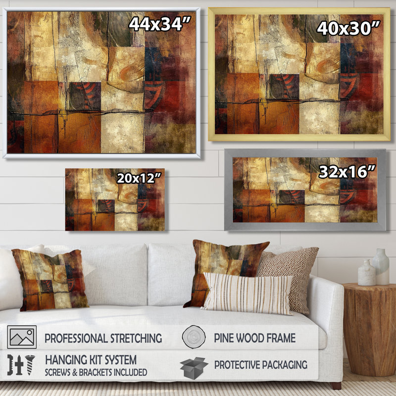 Art mural rétro rétro cubiste brun doré I - Collages abstraits, Toile tendue, H 30 po x l 40 po
