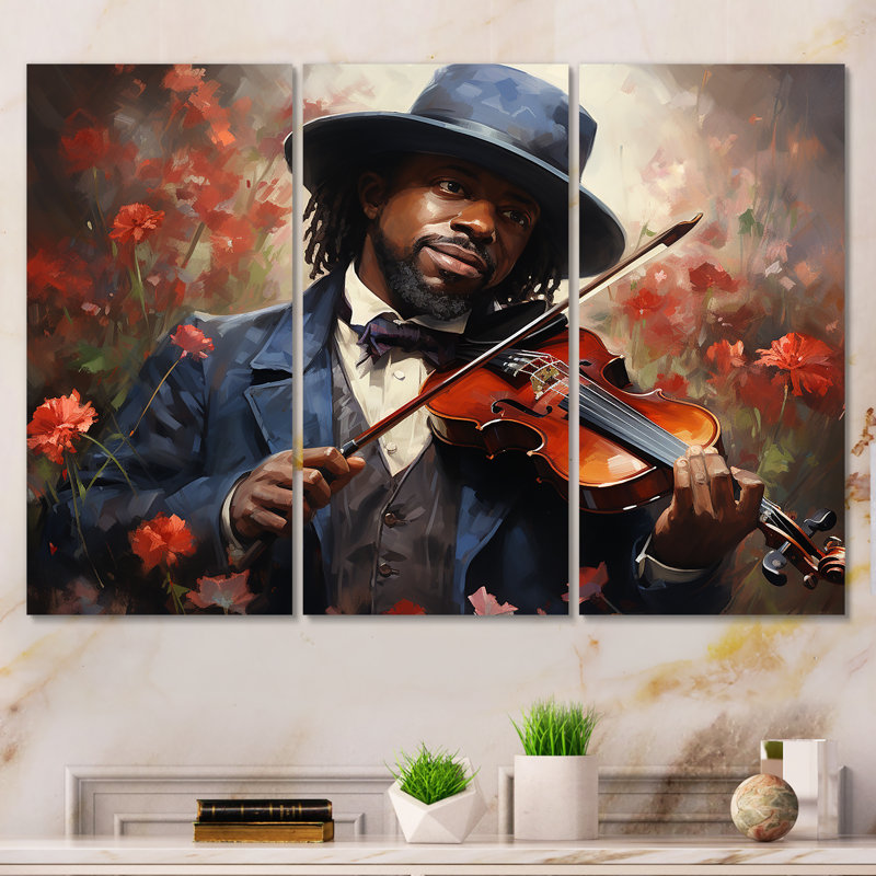«African Jazz Musician I» - Art mural art afro-américain, Toile tendue, H 32 po x l 48 po