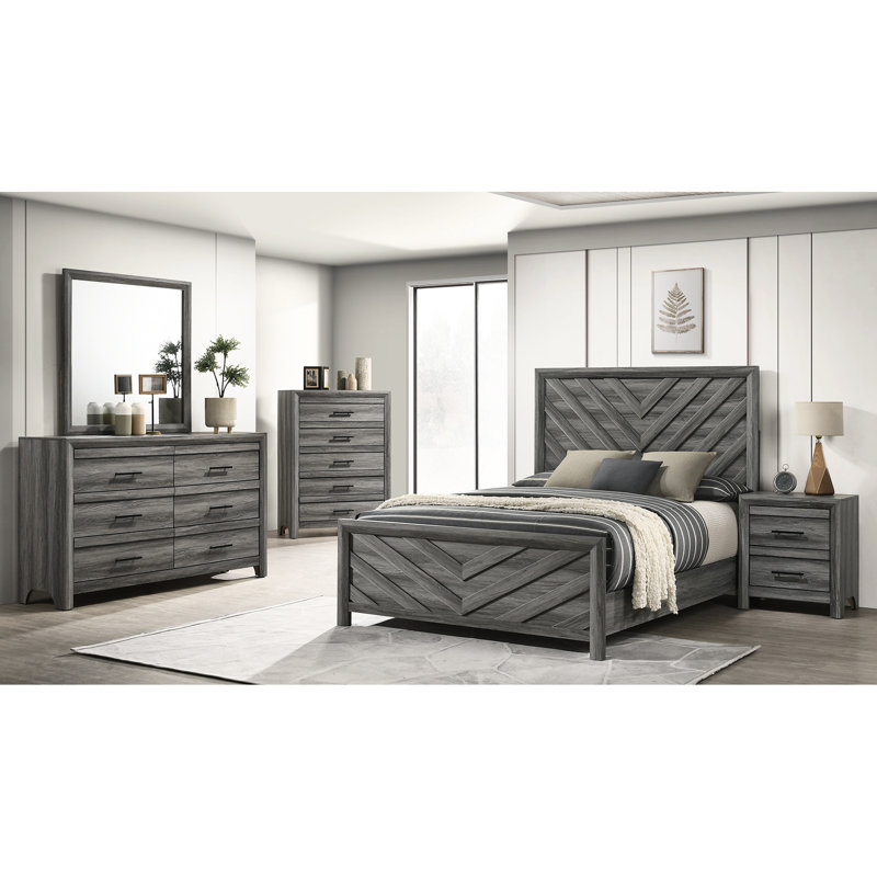 Lit double contemporain gris - Bois massif et tête de lit pour une construction chic dans une chambre à coucher