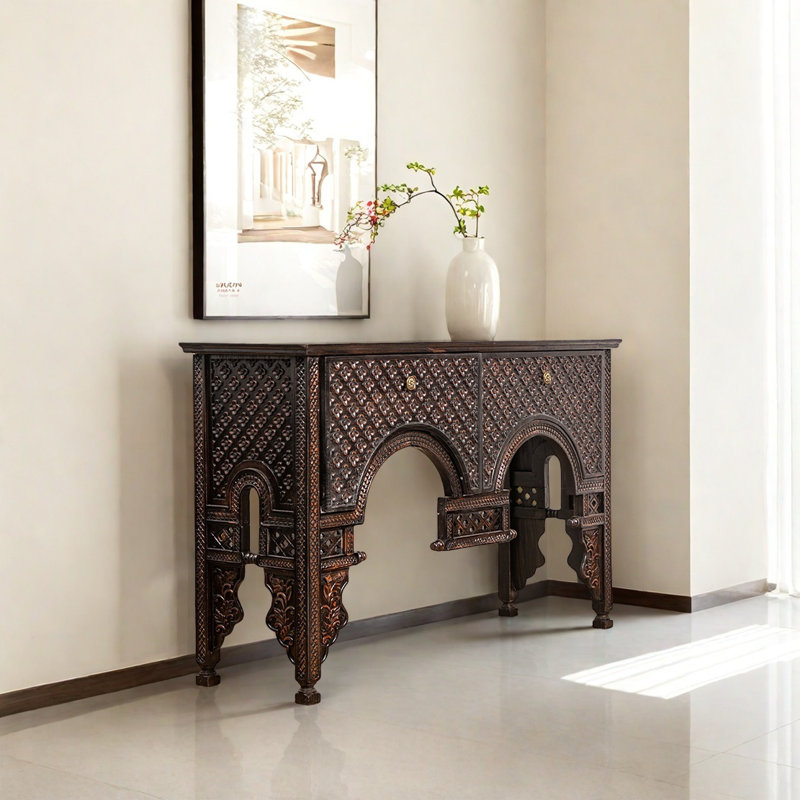 Southeast Asian Hand Carved Art Console Table, Brown+Yellow