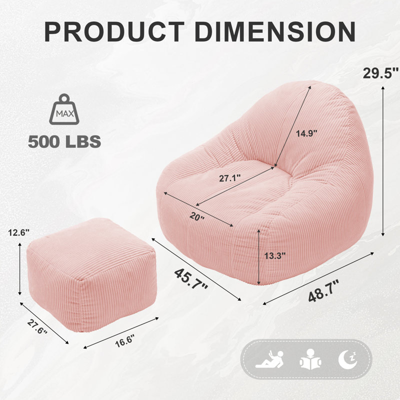 46" W Corduroy Bean Bag Chair with Ottoman, Oversized Memory Foam Floor Sofa for Adults, Gaming & Lounge Seat, 500 LBS Weight Capacity