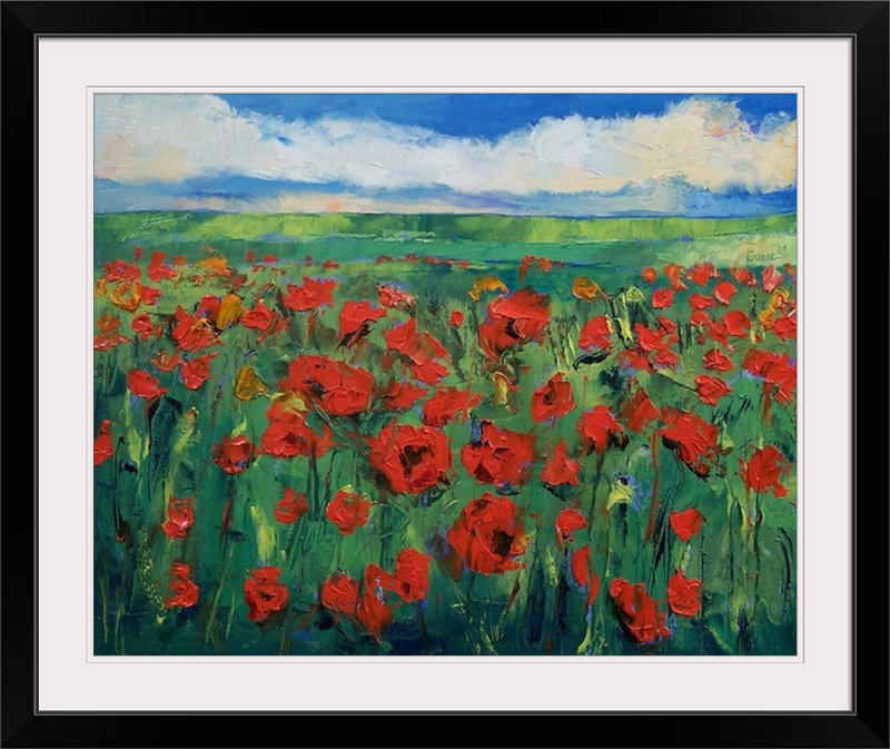 «Cyd Field of Red Poppies» par Michael Creese, reproduction d'art, H 24 po x l 28 po x P 1 po, Cadre noir