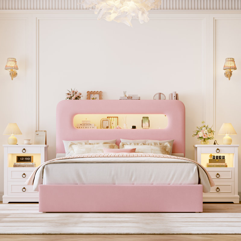 Ensemble de chambre à coucher intelligent et lumineux 3 pièces - Lit de rangement DEL et commode à DEL avec station de recharge