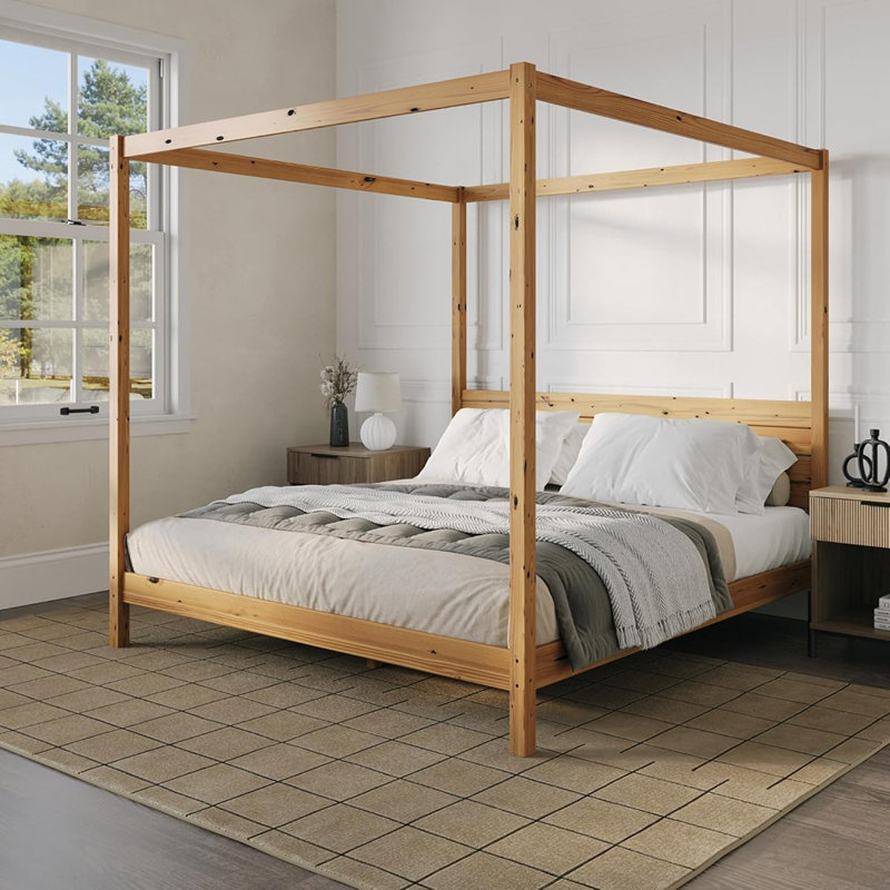Walker Edison King Minimalist Slatted Headboard Canopy Bedframe,...