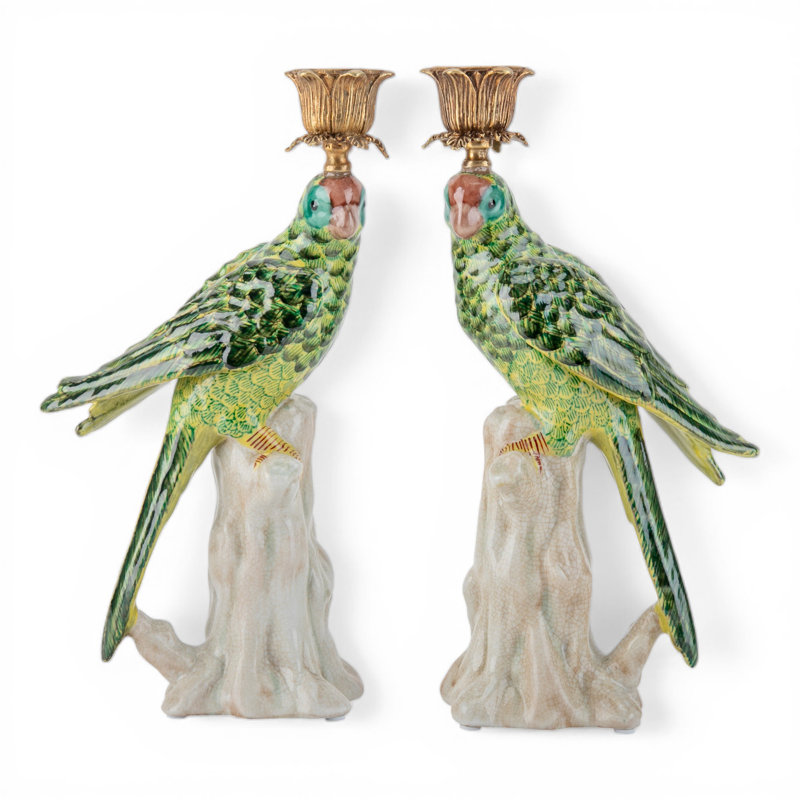 Porcelain Green Parrot Candleholder Pair with Bronze Ormolu