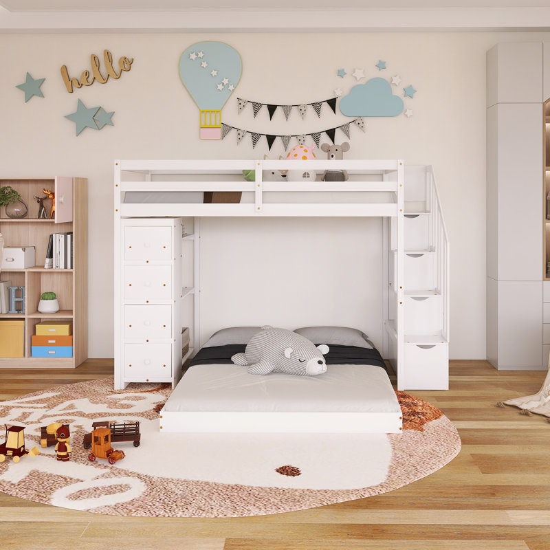 Lit superposé simple au-dessus de double avec cadre en bois avec tablettes à 3 niveaux, tiroirs et escalier de rangement