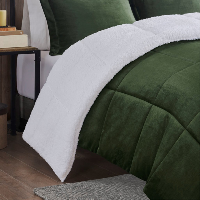 Ensemble d'édredon en duvet synthétique double / grand moelleux à Sherpa, Vert/Ivoire