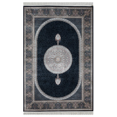 Minyatur Navy Medallion Area Rug – Traditional Woven Viscose Carpet, Low-Pile Vintage Look for Living Room, Bedroom & Hallway