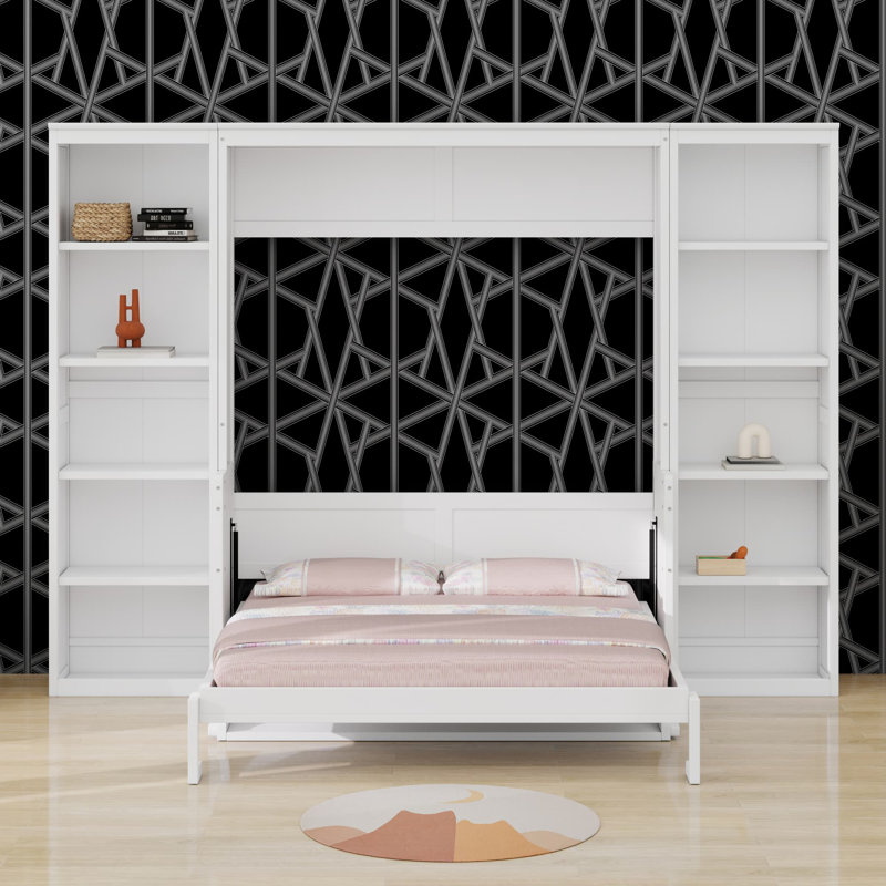 Lit escamotable avec bureau et bibliothèque Murphy, Blanc, Grand lit
