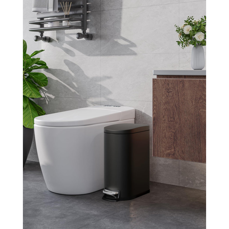 Slim Metal Bathroom Trash Can 2.6 Gallon/10L with Lid - Step-On Soft Close, Removable Inner Bucket, Odor Control, Waterproof, Rear Handle, Stainless Steel Bin for Bedroom, Bathroom