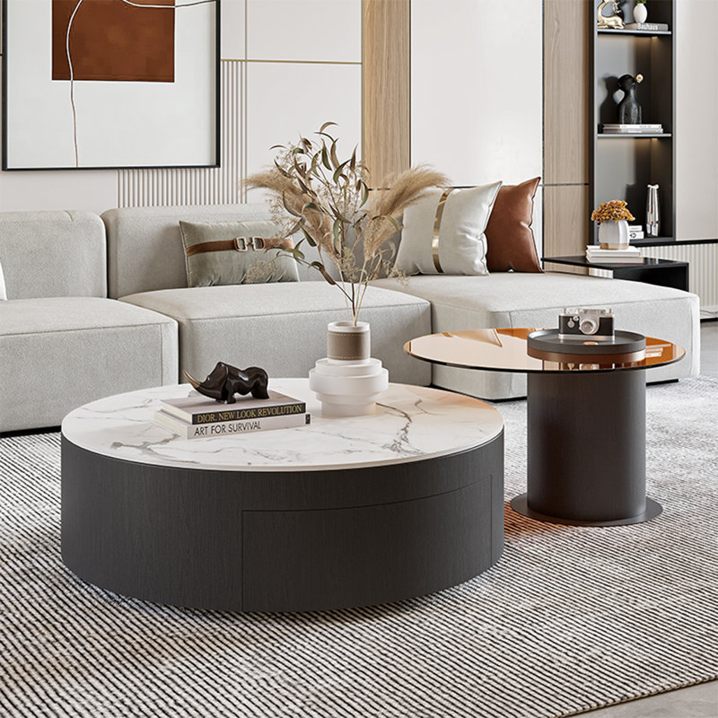 Round stone slab coffee table set, 11.8" H x 39.4" L x 39.4" W