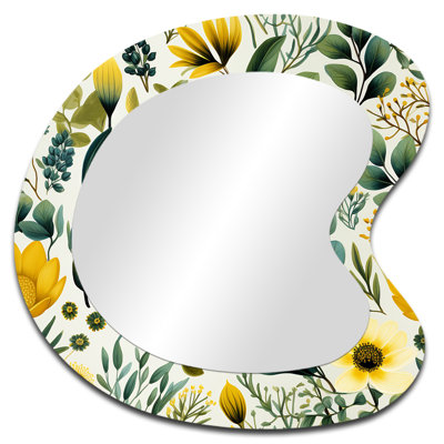 Fougères botaniques en vert et jaune - grand miroir mural asymétrique floral, miroir décoratif de forme libre vert, impression d'art en métal