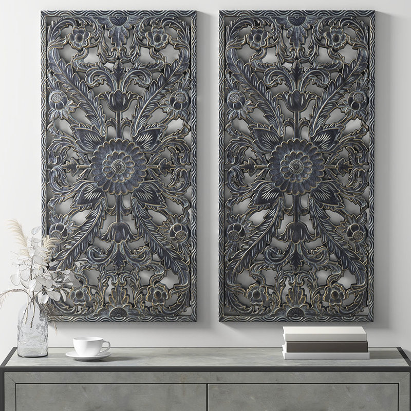 Elegant Wall Panels - 2 Antique Blue Lotus Flower Indoor Decoration Distressed Wood Decor Spot Clean Hanging