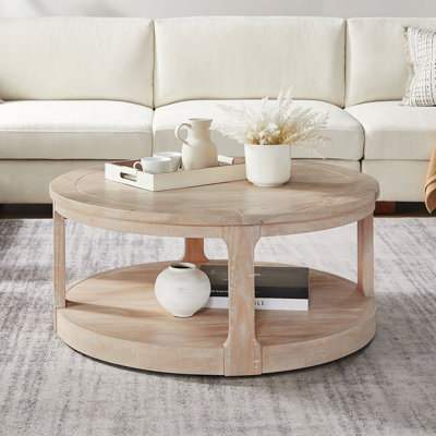 Grande table basse de 40 po à 2 niveaux, ronde et ronde, centre rond en bois, table ronde de style Mid-Century avec roulettes, table de style rustique pour le salon, le bureau, un appartement