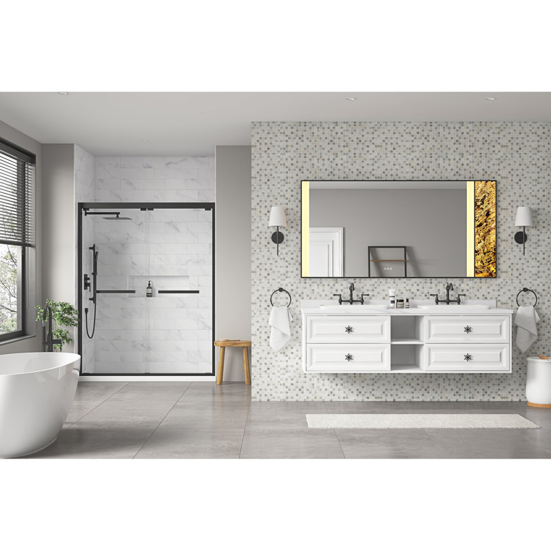 Meuble-lavabo à miroir 72 po x 36 po à DEL, mémoire de brouillard murale réglable et réglable en pierre naturelle, imperméable avec dossier