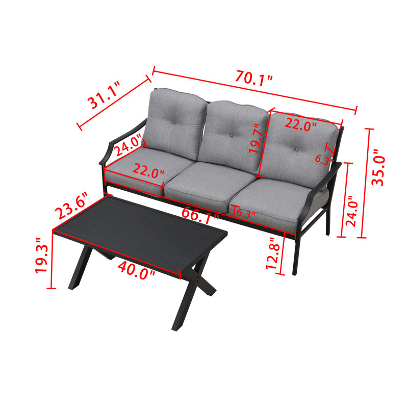 2-Piece Metal Outdoor Conversation Set With Cushioned Sofa And Coffee Table, Gray