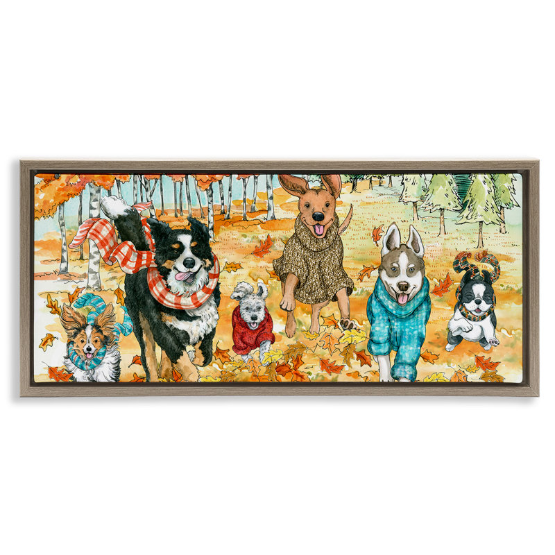 "Autumn Dog Park Animals", art mural encadré flottant par Sherri Buck Baldwin, Cadre flottant orme Montalcino