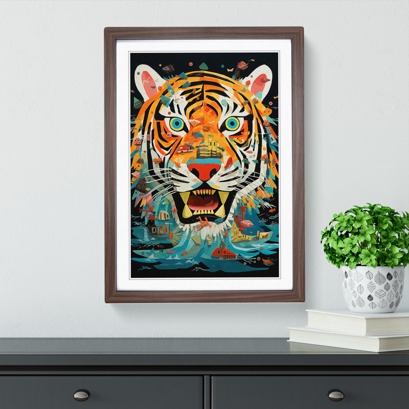 Tiger Dadaism - Single Picture Frame Print on Wood, Walnut, 64cm H x 46cm W x 2cm D