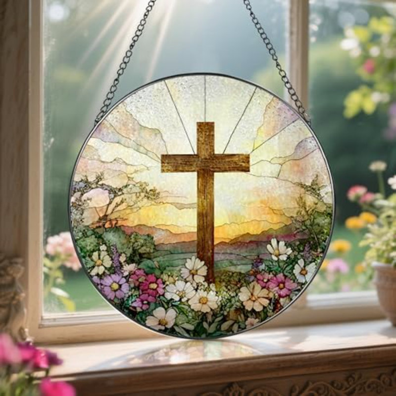 Vitrail suspendu en forme de croix de 8 pouces et fleurs sauvages Suncatcher Christian
