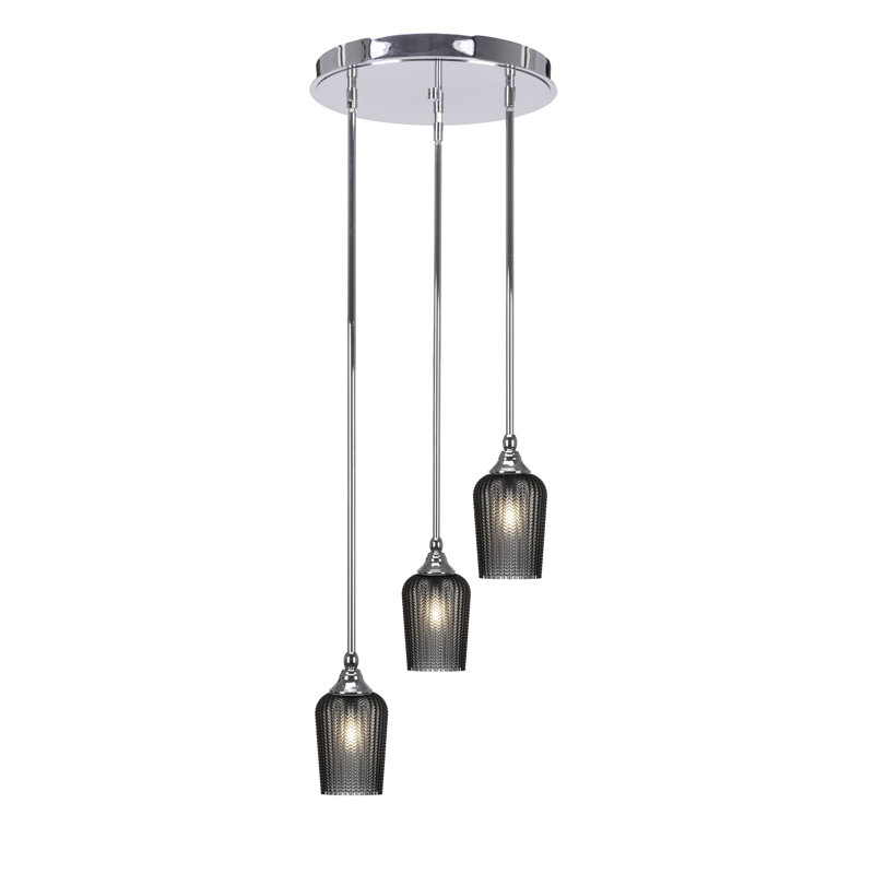 Luminaire suspendu grappe suspendu 3 lumières avec verre texturé 5 "Lesli, Graine noire, Chrome chrome