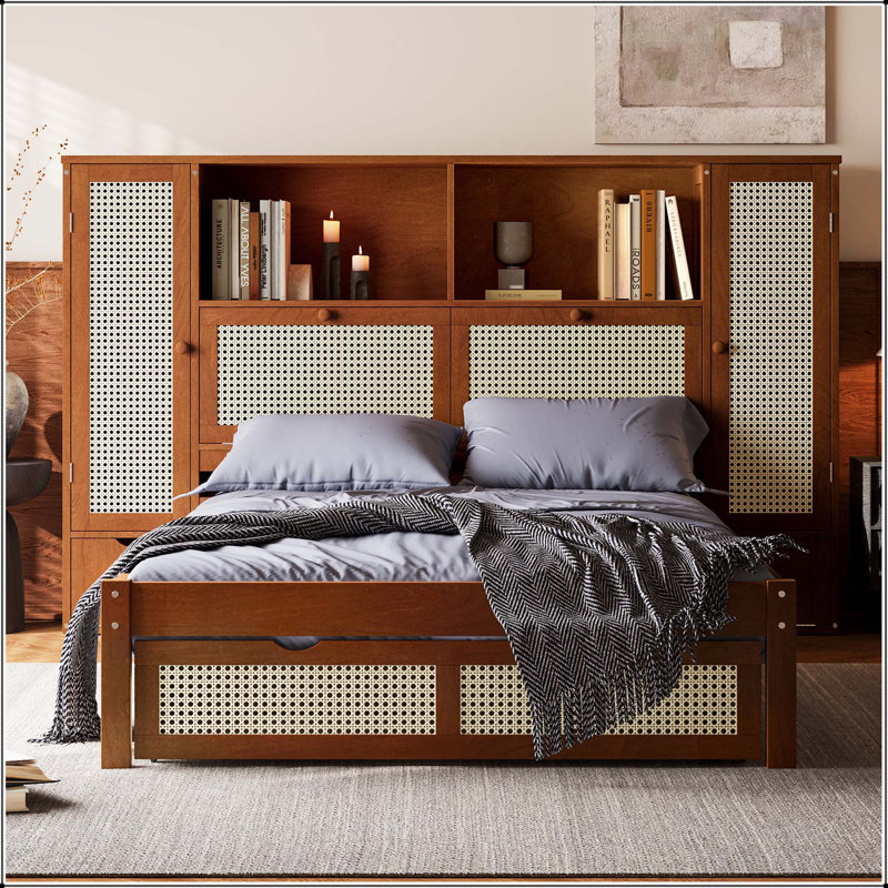 Lit simple en bois avec deux casiers de rangement, Noyer