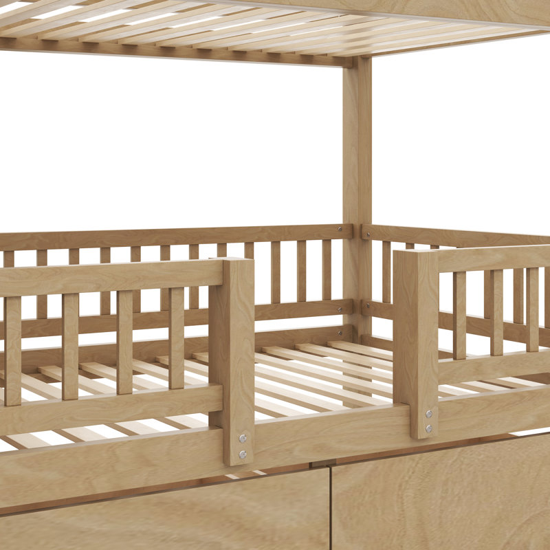 Lit superposé simple au-dessus de simple avec glissière, escalier de rangement et 2 tiroirs - Lit pour enfant peu encombrant, noyer