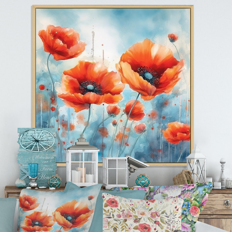 Corail vibrant coquelicots I sur toile, Cadre naturel flottant, H 36 po x l 36 po x P 1,5 po