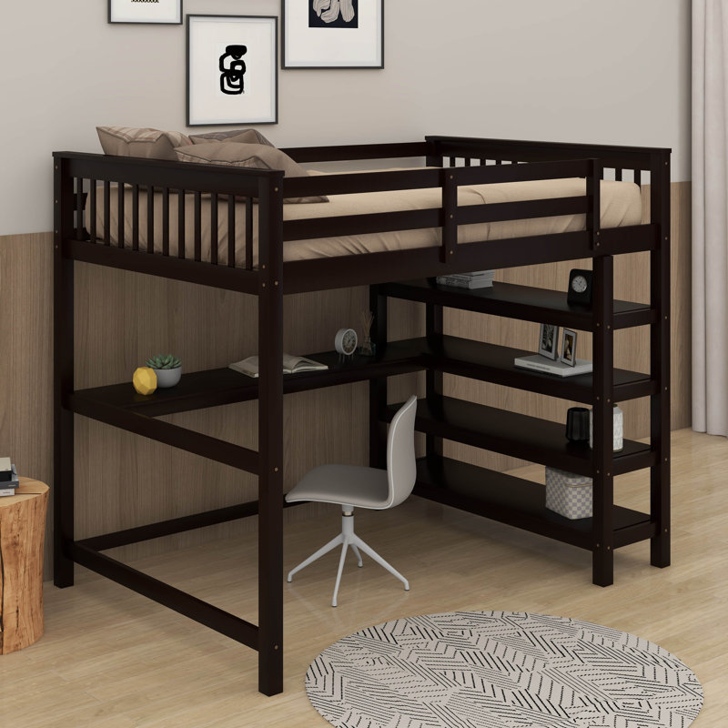 Lit mezzanine double avec tablettes et bureau, Espresso