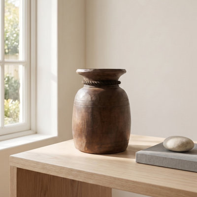 Handcrafted Brown Wooden Decorative Vessel – Rustic Vintage Farmhouse Accent