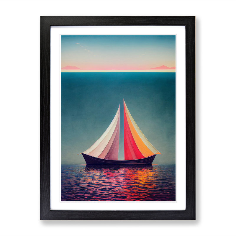 Boat On The Ocean Watercolour No.3 - Single Picture Frame Print, Black, 64cm H x 46cm W x 2cm D