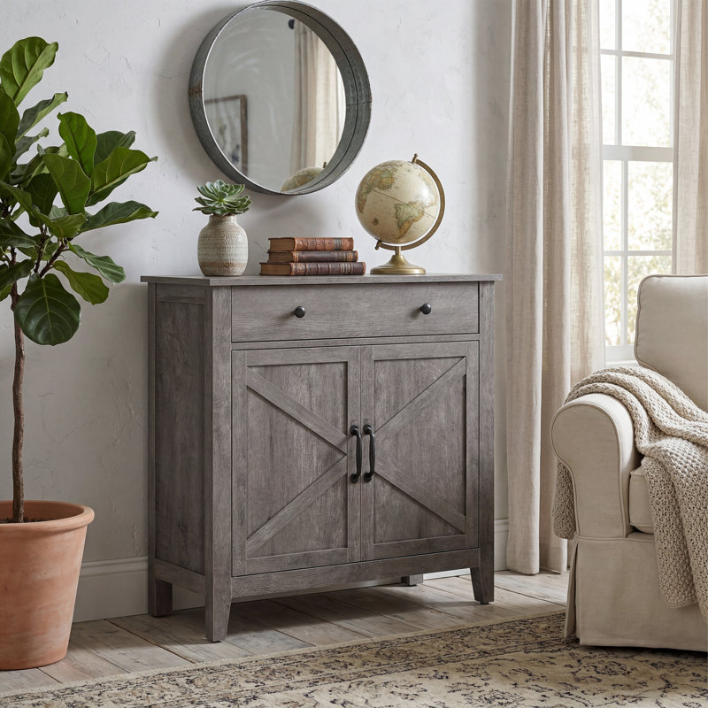 Buffet décoratif 2 portes avec séparateur de tiroirs Cassiana, Blanc délavé / brun