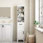 Armoire de rangement haute style ferme pour linge de maison, meuble de salle de bain autoportant avec étagères ouvertes, tiroir et porte, design épuré-1042501281-1063937421