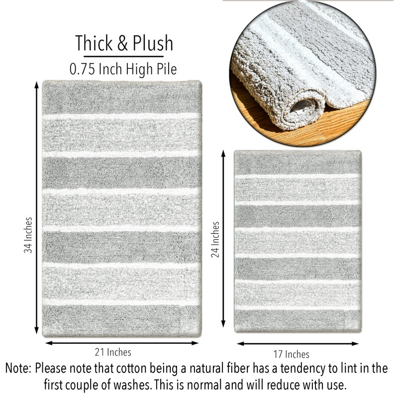 Cervantes 100% Cotton Non-Slip Bath Rug, Gray/White, 21''x34''/17''x24''