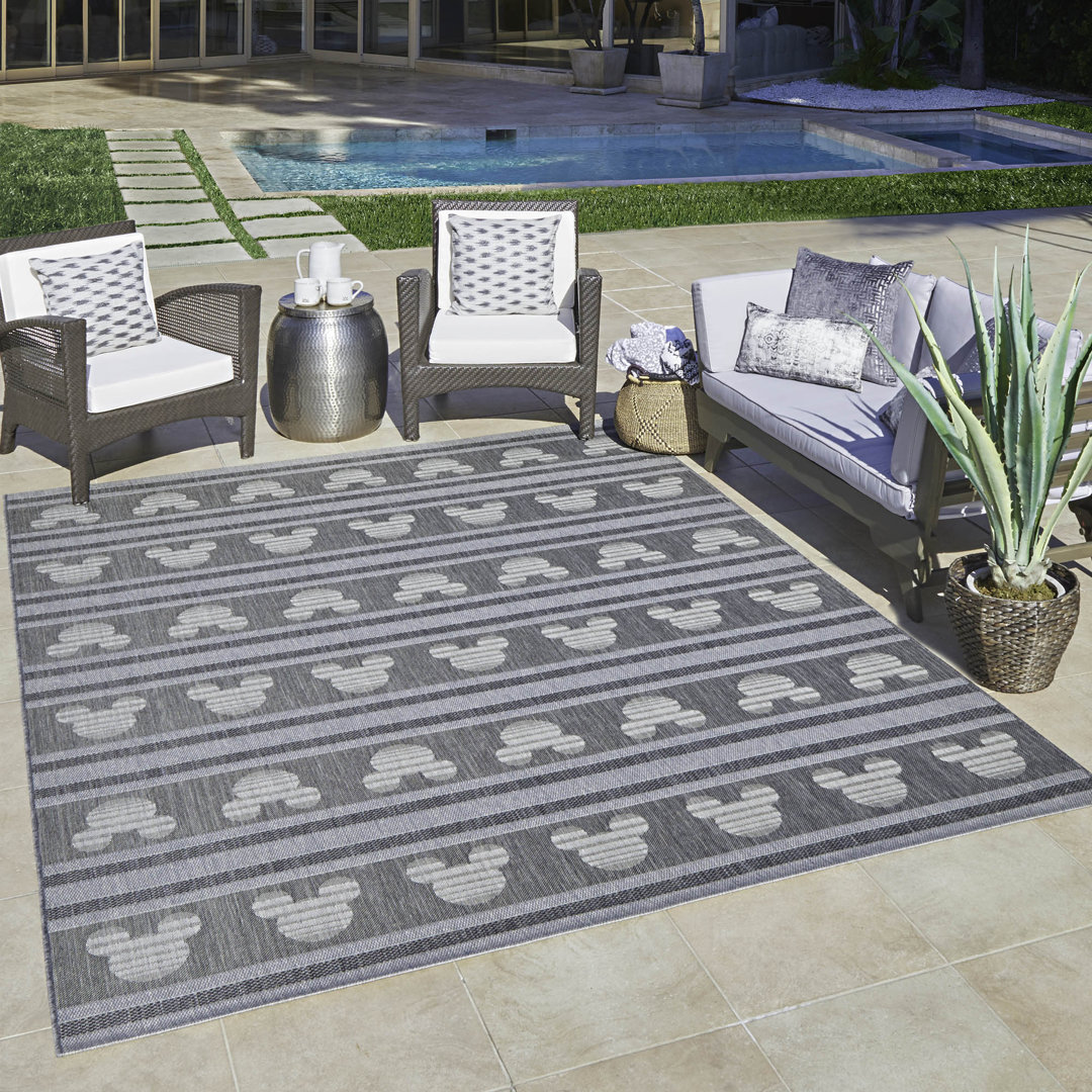 Licensed Disney Mickey Mouse Ash Gray/Ivory Stripes Flatweave Indoor/Outdoor Area Rug Disney Rug 