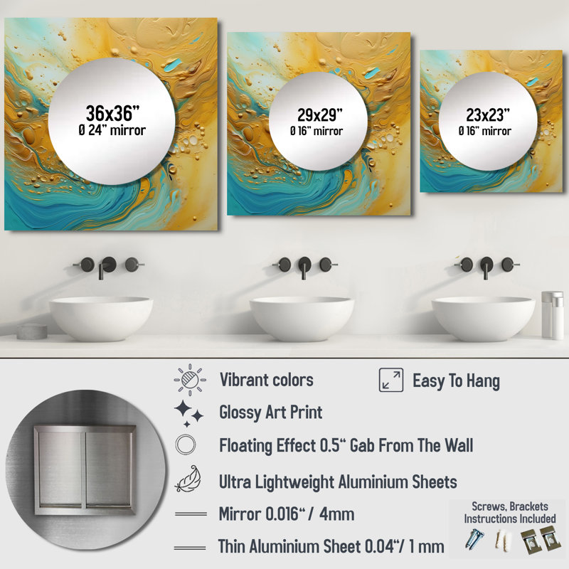 Golden Ocean Waves Turquoise Abstract VI - Miroir carré abstrait pour décoration murale, 23 po x 23 po