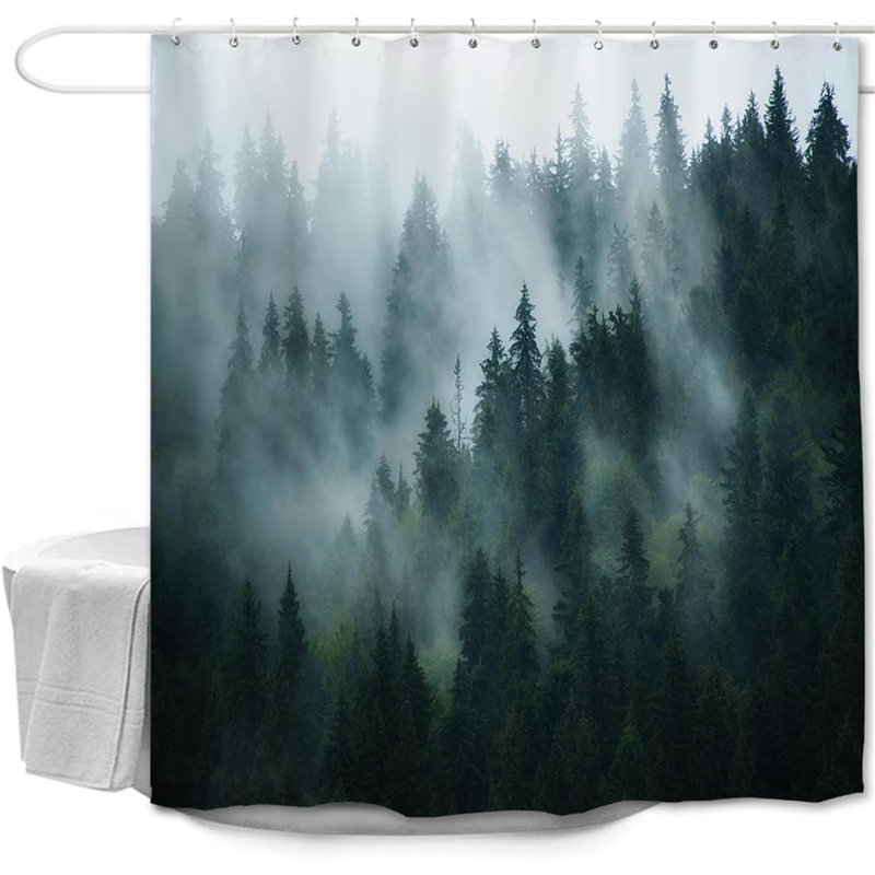 Ensemble de rideau de douche Forest avec 12 crochets, rideau de bain imperméable en tissu de polyester, conception d'arbres brumeux pour un décor de salle de bain moderne